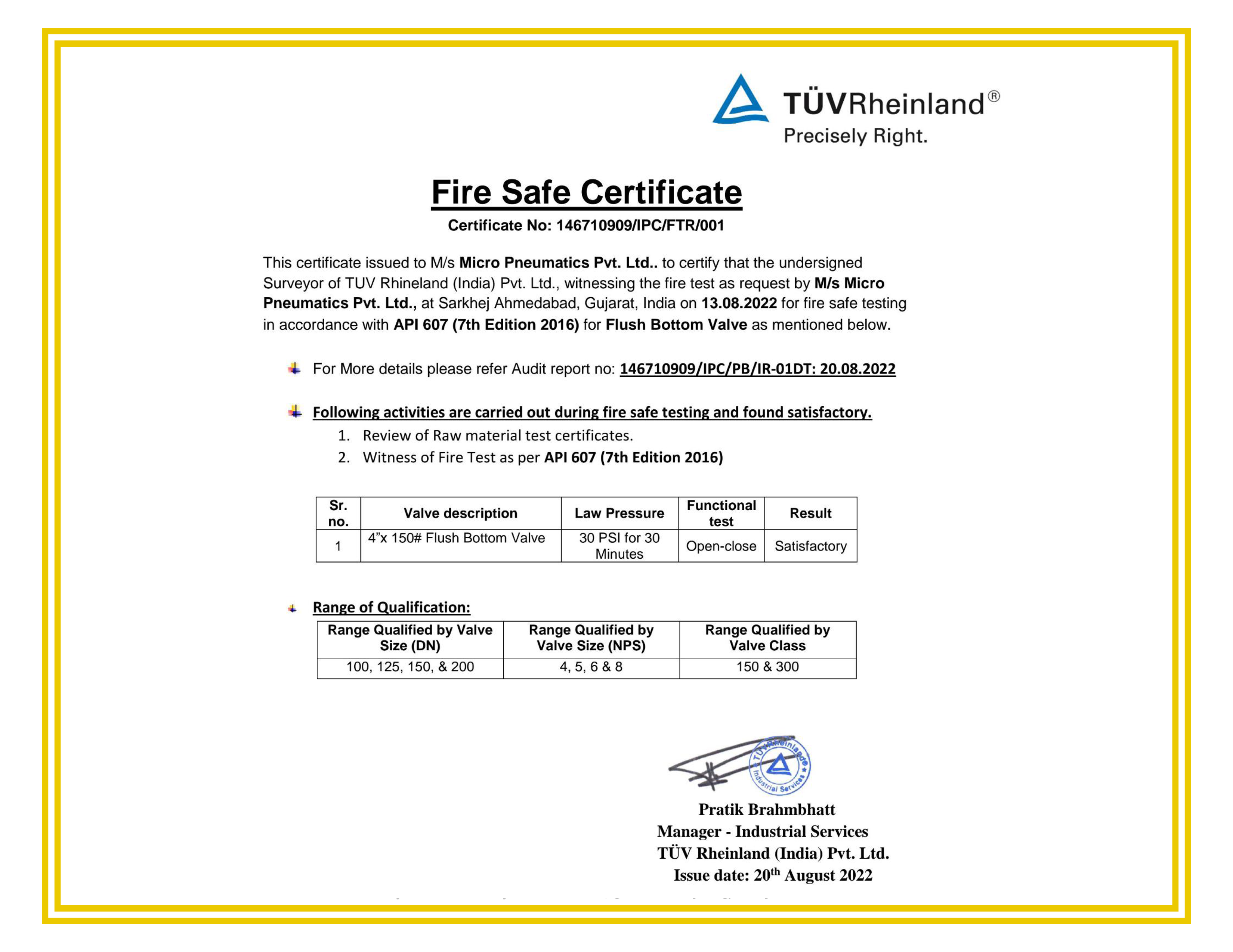 Fire Test Certificate
