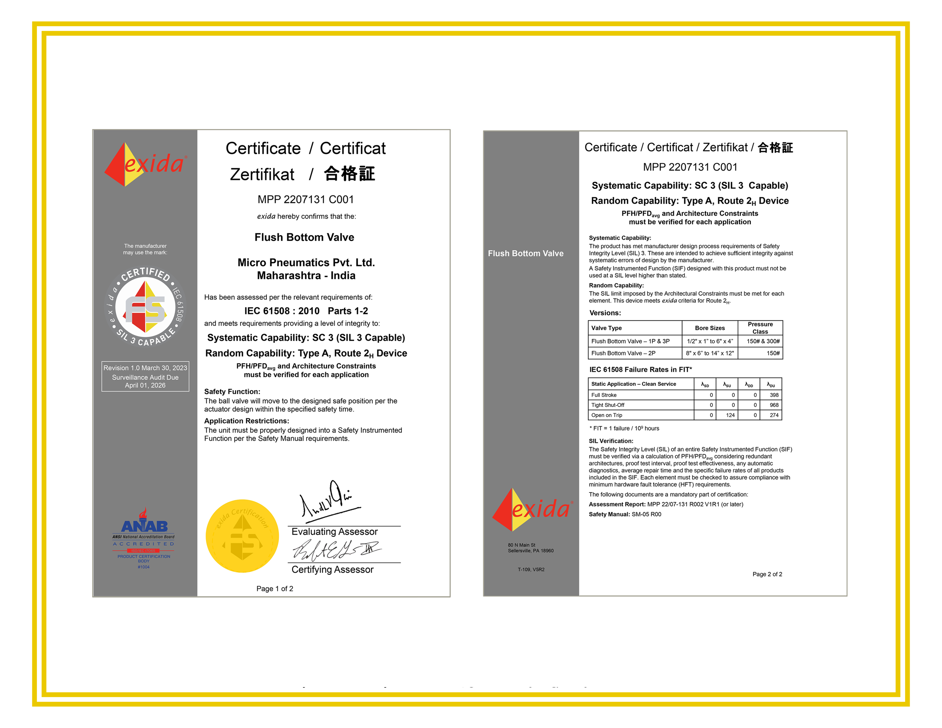 flush bottom valve certificate